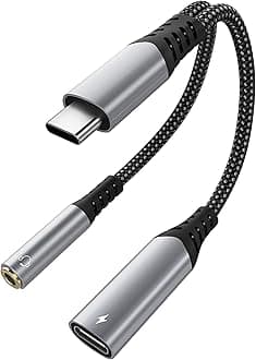 USB C to 3.5mm Headphone and Charger Adapter, 2-in-1 USB C to Aux Jack Dongle Cable Cord with PD 60W Fast Charging for iPhone 16 Pro/15 Pro Max, iPad Pro, Galaxy S23/S22/S21/S20 Ultra, Pixel (Grey)