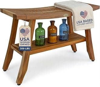 EcoDecors 90cm EarthyTeakTM Satori Teak Shower Bench -Patent Pending- with shelf