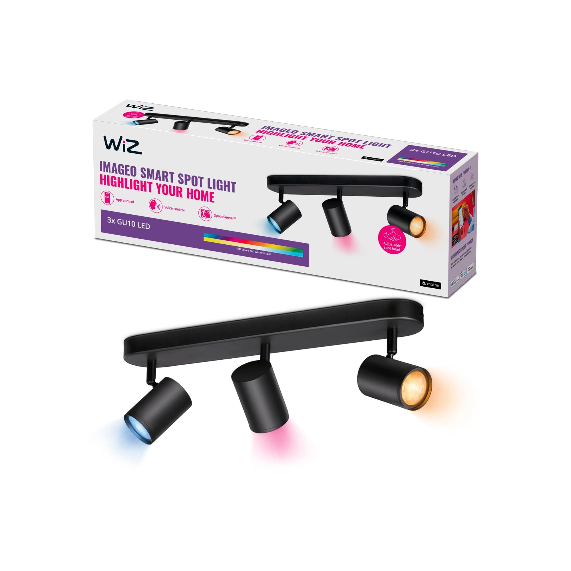 Colour Imageo Smart Connected WiFi Ceiling Light Spot Fixture [3 Spot - Black]. App Control for Indoor Home Lighting, Livingroom and Bedroom