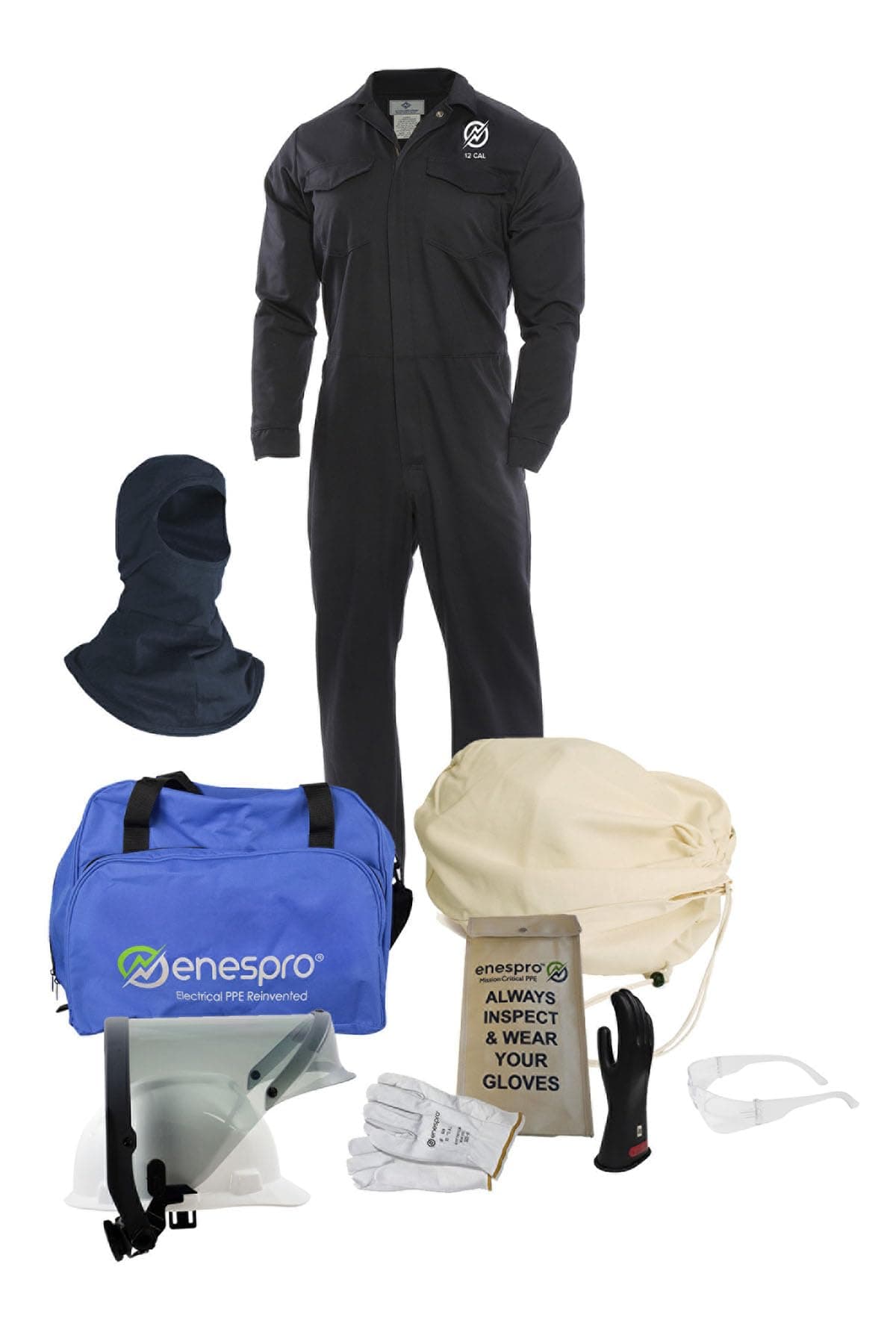 Enespro ArcGuard, CAT 2, 12 Calorie, Arc Flash Suit Kit with FR Coverall, Face Shield, and Balaclava