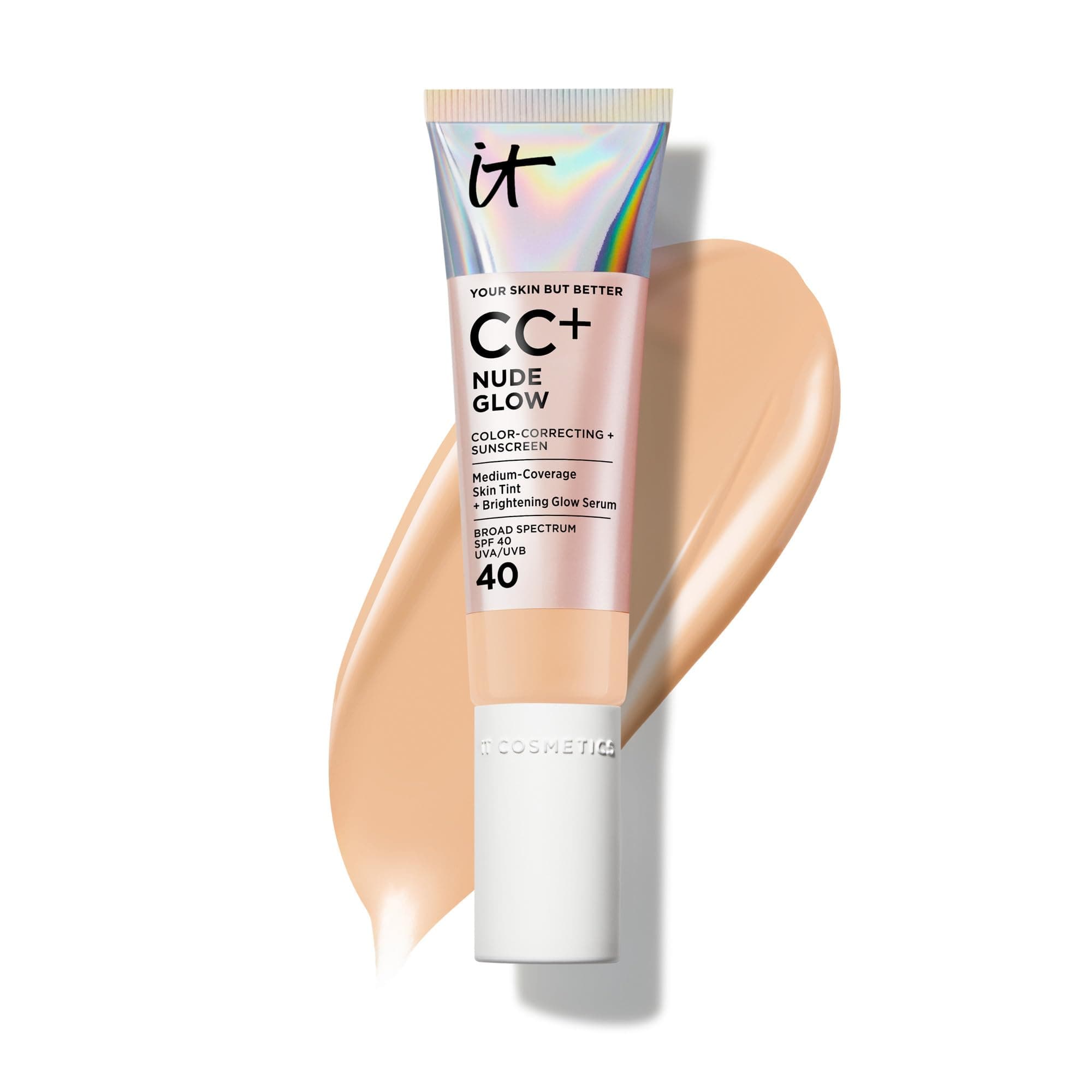 CC+ Nude Glow SPF 40 - Medium Coverage Foundation, 2% Niacinamide + Hyaluronic Acid Brightening Glow Serum, Lightweight Up to 24H Hydration, Normal to Dry & Mature Skin - 1.08 fl oz
