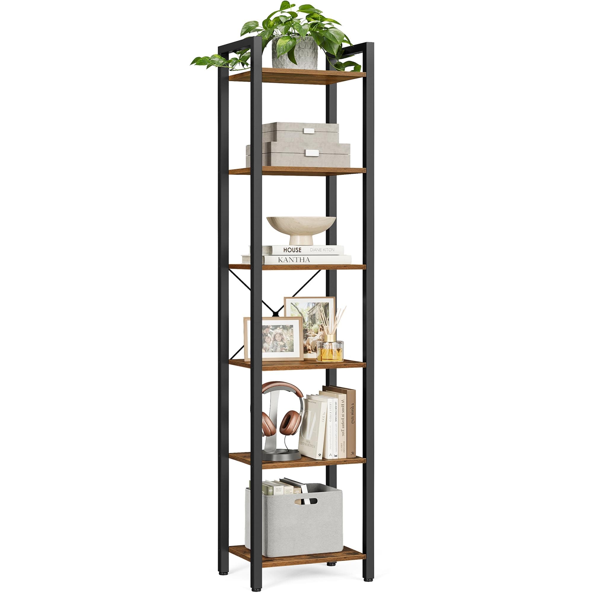 – VASAGLE 6-Tier Bookshelf, Bookcase, Shelving Unit, for Office, Study, Living Room, Bedroom, 30 x 40 x 187.5 cm, Industrial, Rustic Brown and Ink Black LLS101B01