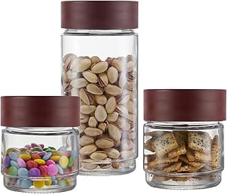 CELLO Modustack Glassy Storage Jar Set of 3 (500ml x 2 + 1000ml), Maroon | Glass Jar with Lid | Stackable | For Grains, Pulses, Spice, Cereals, Cookies, Dry Fruits | Fridge Storage Container