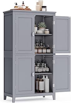 Floor Storage Cabinet, Freestanding Storage Unit with 4 Doors, Adjustable Shelves, 11.8 x 23.6 x 43.3 Inches, for Entryway, Bathroom, Dove Gray UBBC552P36V1