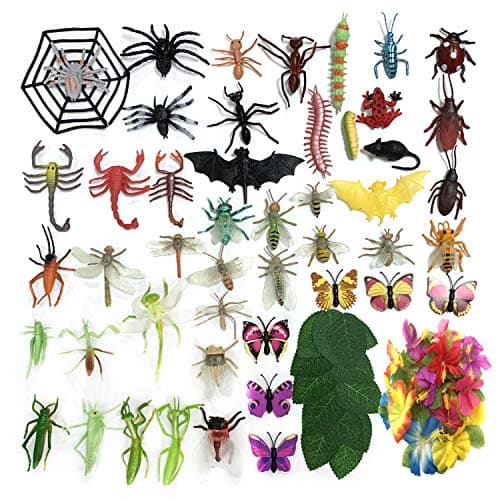 DOITEM 80 Pack Plastic Insect Figures Toys Assorted Insect Bugs Include Multicolored Lifelike Butterfly Small monstera leaves Rose leaves for Children Education, Insect Themed Party, Halloween Toys