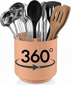 Jumbo Rotating XL Peach Plastic Utensil Holder Caddy with Sturdy No-Tip Weighted Base, Removable Divider, and Gripped Insert - Dishwasher Safe Kitchen Utensil Holder for Countertop