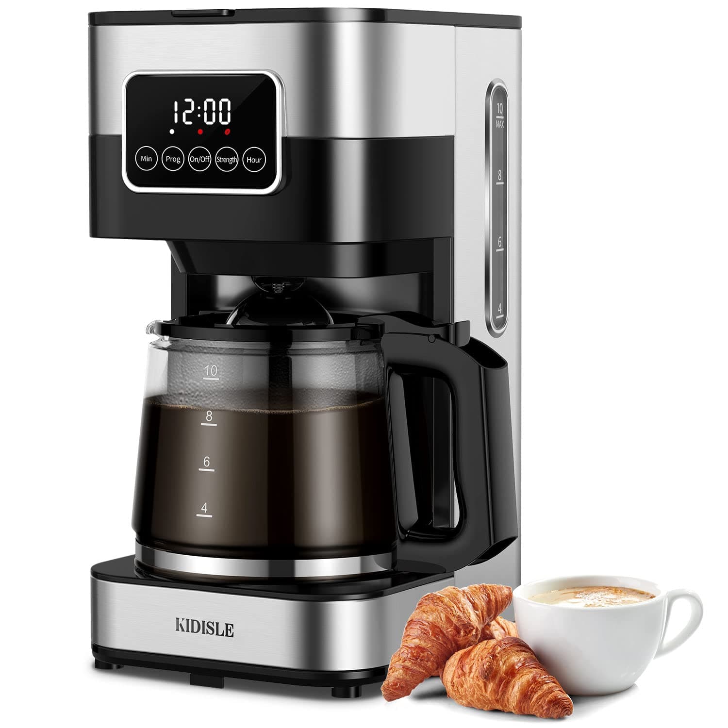 Programmable Drip Coffee Maker with Regular & Strong Brew, Warming Plate, 10 Cup Small Coffee Machine with Touch Screen, Glass Carafe and Reusable Filter for Home and Office, Stainless Steel