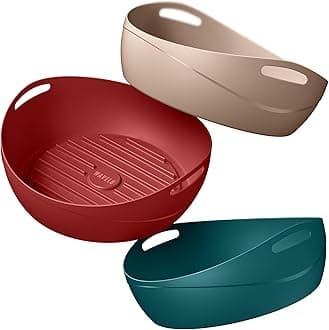 WAVELU 3 Pack Air Fryer Silicone Liners Pot for 3 to 5 QT | Air Fryer Silicone Basket Bowl | Replacement of Flammable Parchment Paper | Food Safe Reusable Baking Tray Oven Accessories (Solid Set)
