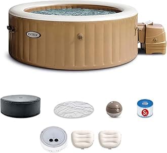 PureSpa 4 Person Bubble Massage Inflatable Hot Tub Spa Bundled with Battery Powered Multicolor LED Light, and Adjustable Headrest (2 Pack)