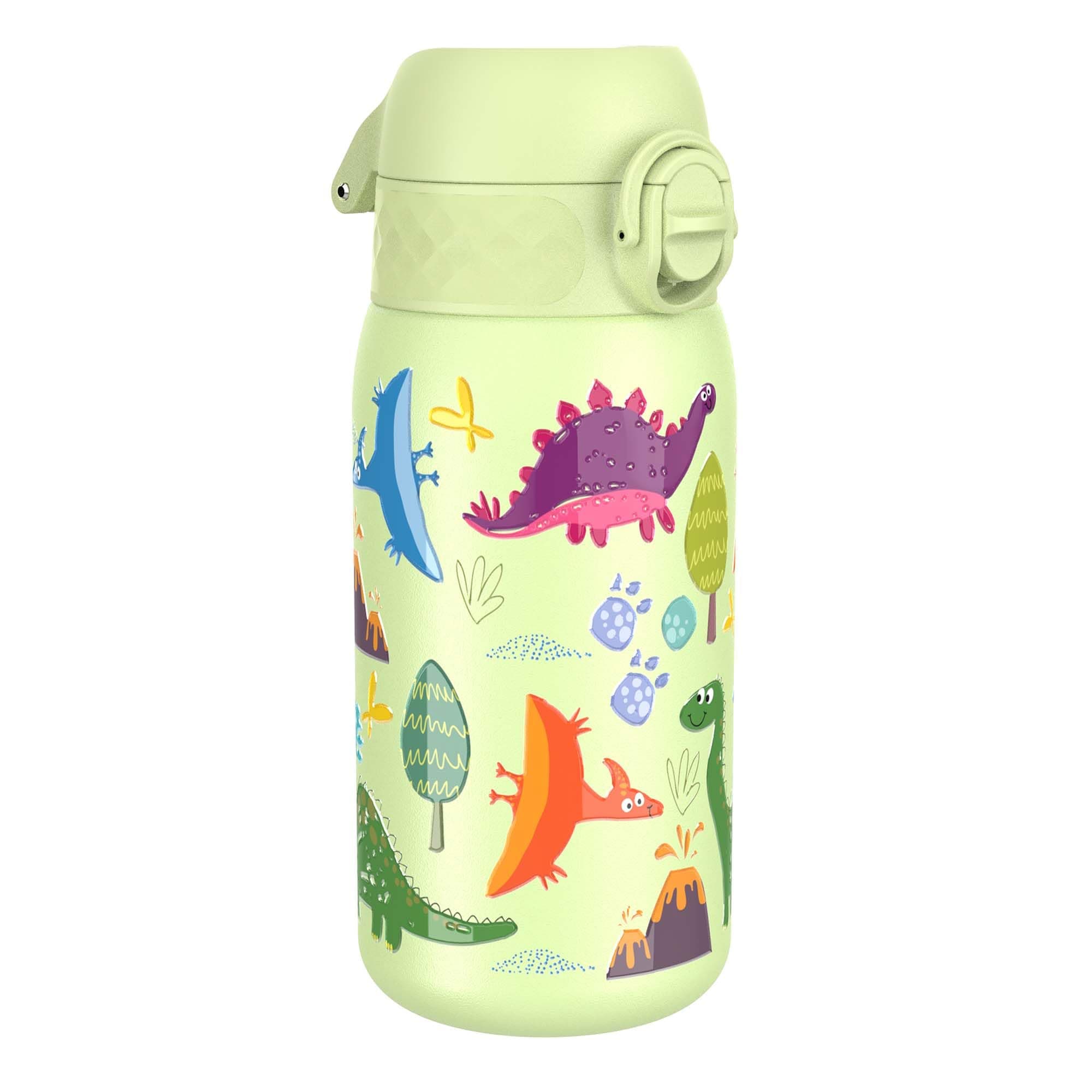 Ion8 Small Water Bottle, Leak Proof, Easy to Open, Secure Lock, Dishwasher Safe, Flip Cover, Carry Handle, Easy Clean, Durable, Water Bottle, Raised Print, Green, Dinosaurs