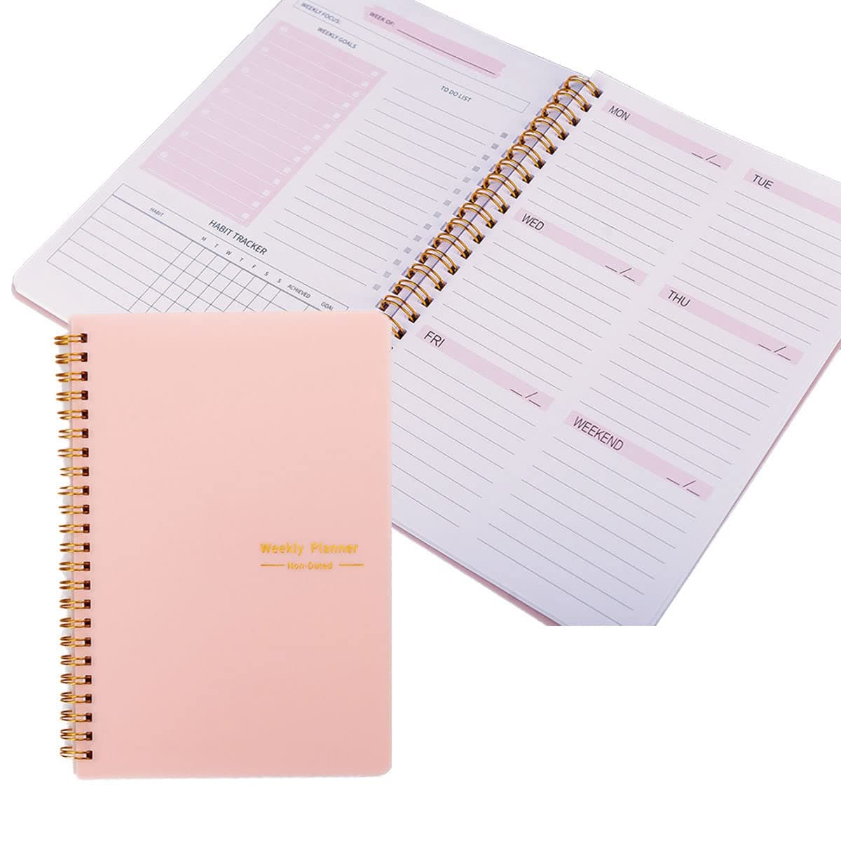 Undated Weekly Planner, Weekly Goals A5 Notebook, Habit Tracker Journal, To Do List Planner with Spiral Binding, Tracker and Goal Planner, 8.3" x 5.8", Pink