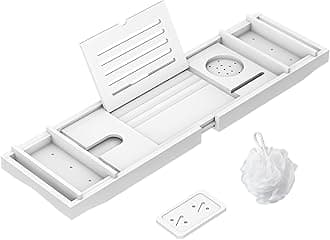 ZHUOYUE Bamboo Bathtub Tray Bath Tub Caddy with Expandable Handles Wine Glass Phone Holder Book Stand for Bathroom White