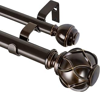 KAMANINA 1 Inch Double Curtain Rods 72 to 144 Inches (6-12 Feet) Telescoping Drapery Rod for Windows 69 to 140 Inches, Netted Texture Finials, Antique Bronze