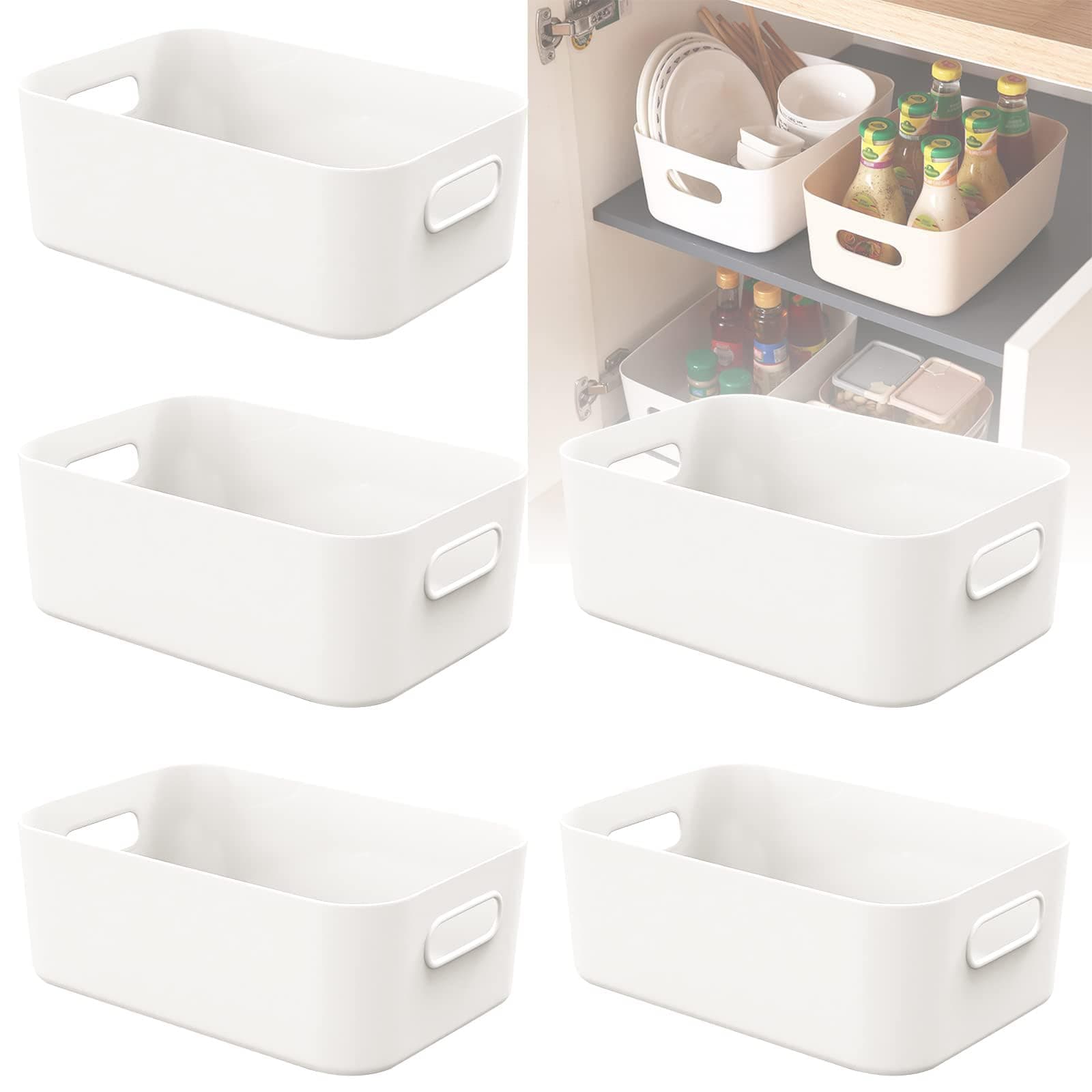 W&H 5 PCS White Plastic Storage Boxes Small with Handle, Storage Baskets for Shelves, Kitchen, Office, Fridge, Bathroom and Home, Mini Organiser Boxes Rectangle - 8.2×5.5×2.7 Inch