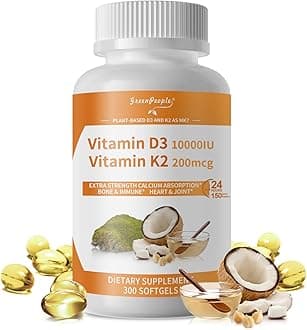 K2 D3 Vitamin Supplement, Vitamin D-3 & K-2 MK-7, 10,000 IU/200 mcg, with Virgin Non-GMO Coconut MCT Oil | 300 Vegan Softgels | Bone Health, Immune Support