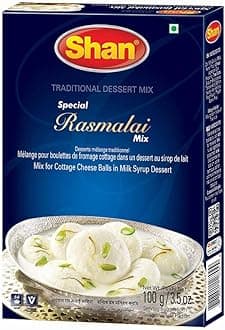 Shan Special Rasmalai Traditional Dessert Mix 3.5 oz (100g) - Powder for Cottage Cheese Balls in Milk Syrup - Suitable for Vegetarians - Airtight Bag in a Box