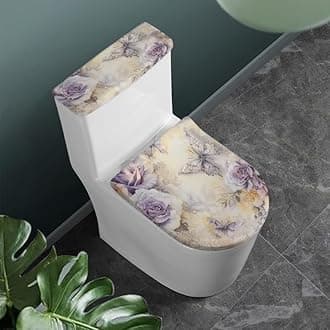 Retro Purple Rose Butterfly Bathroom Toilet Seat Cover Set Fade Peony Flower Toilet Seat Covers Watercolor Floral Butterflies with Elastic Edge Dust Cover Washable Reusable