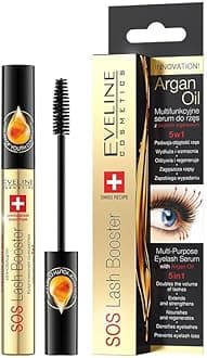 Eveline Cosmetics Eyelash Serum for Growth, 100% Cruelty-Free, Dermatologically Tested, Reduces Lash Loss and Breakage Sos Lash Booster, 5-In-1 with Argan Oil for Conditioning and Nourishment - 10ml
