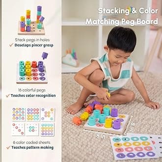 Wooden Montessori Toys Box for Toddlers | 9 in 1 Learning Educational Toys – Stacking Peg Board, Horizontal Dowel, Animal Figurines & more | Developmental Toy Set & Gift for 19-22 Months