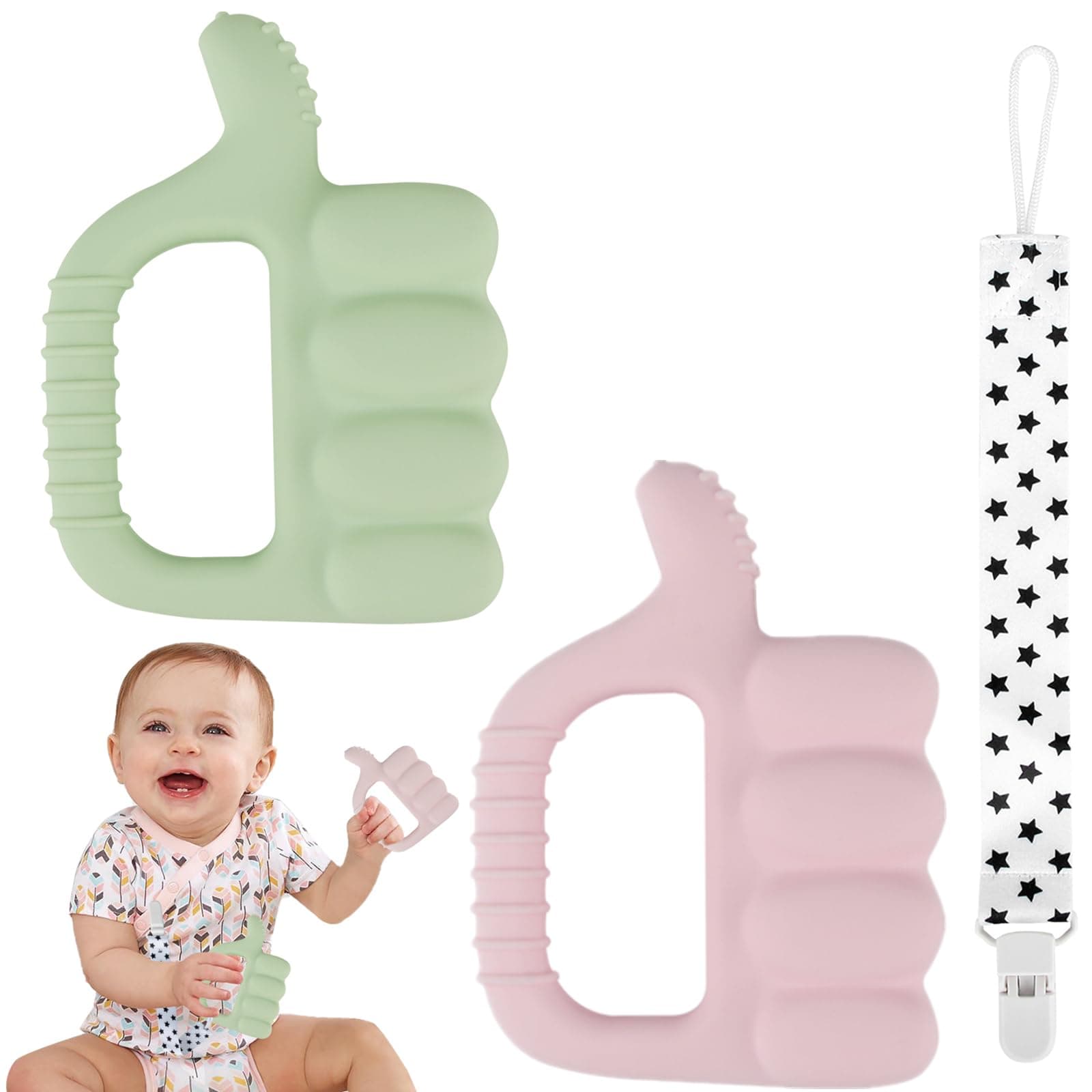Fu Store Textured Thumb Up Silicone Teether 2 Pack-Sensory Exploration and Teething Relief with Easy to Hold Handle, Cute Infant Shower Gift Chew Toy for Babies (Pink & Green)