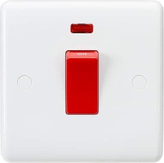 Knightsbridge CU8331N Curved Edge 1 Gang DP Switch and Neon in White with White Rockers, Cooker 45A Red Switch + Neon