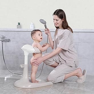 Hug Bath Tower for Baby Standing Up Themselves, 6-18 Months Toddler Shower Bathing Stand Support, Mother Helper Safe Handle, Easy Setup Adjustable Size(Off White - New Edition)