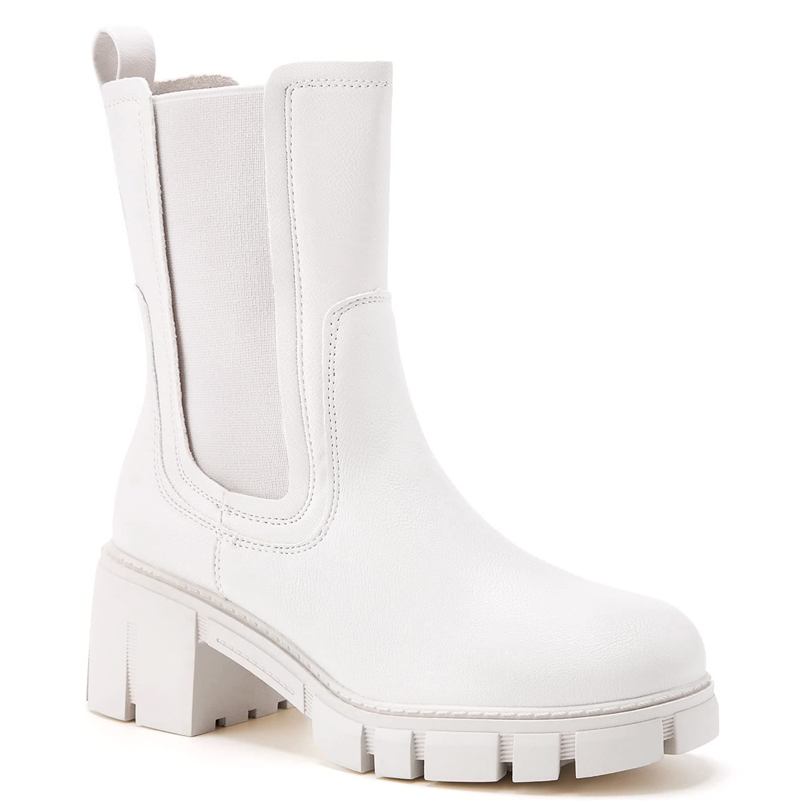 TINSTREEWomen's Lug Sole Platform Boots Mid Calf Elastic Chunky Block Heel Leather Chelsea Booties