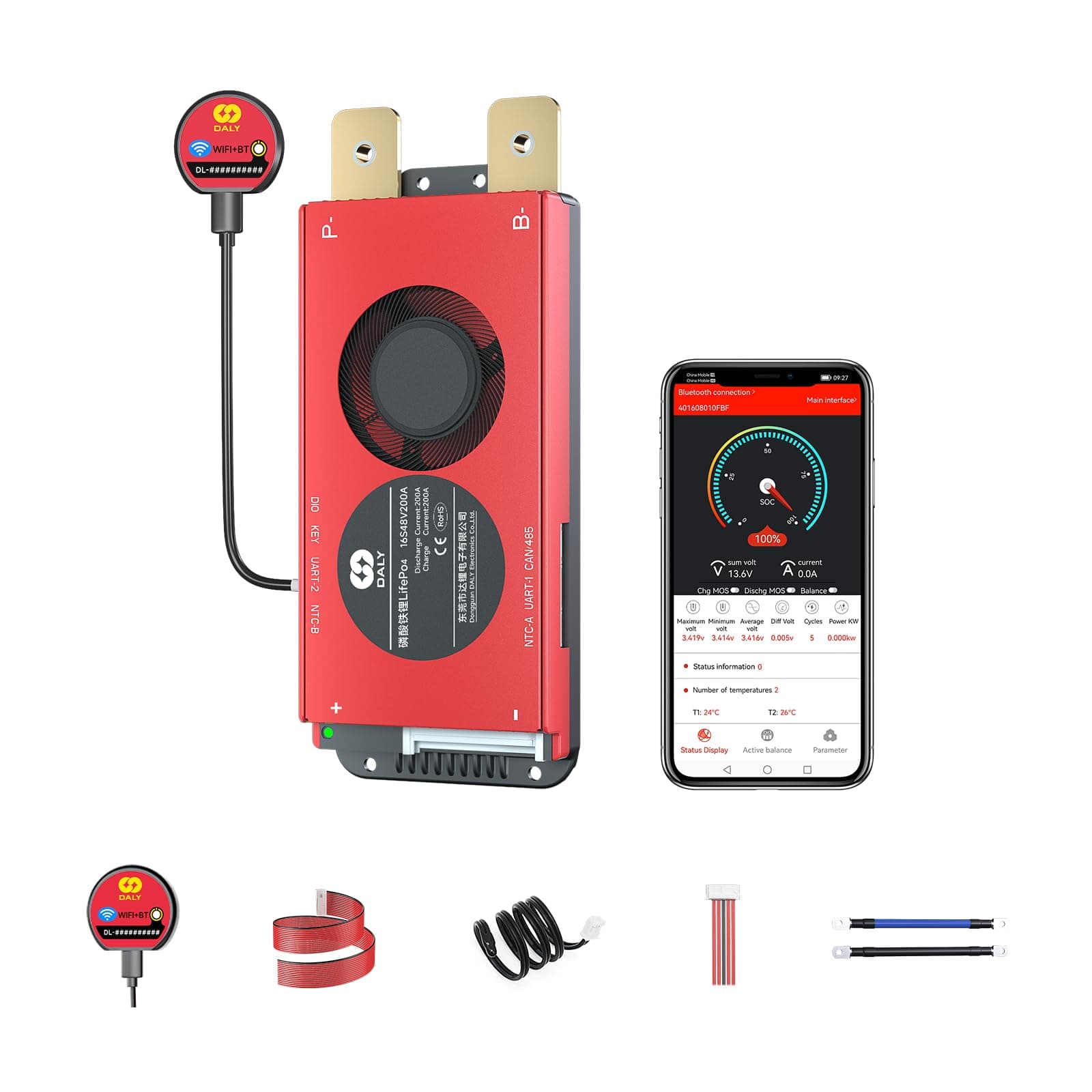 DALY Smart BMS 4S-16S 40A-500A with WiFi Module and CAN 485 Communication Protection Board for LifePO4 Lithium Battery Pack (Smart BMS 16S 48V，200A)
