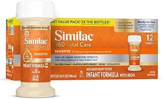 Similac 360 Total Care Sensitive Infant Formula for Fussiness & Gas Due to Lactose Sensitivity, Has 5 HMO Prebiotics, Baby Formula, Ready to Feed, 2-fl-oz Bottle, Pack of 12