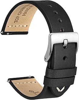 WOCCI 20mm Old-fashioned Watch Band for Men, Top Grain Leather, Silver Brushed Buckle (Black)