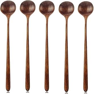 Long Spoons Wooden, 5 Pieces Korean Style 10.9 inches 100% Natural Wood Long Handle Round Spoons for Soup Cooking Mixing Stirrer Mukbang Kitchen Tools Utensils(Korean Style Soup Spoon)