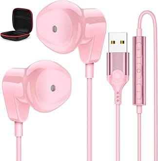 APETOO USB Headset with Microphone for PC/Laptop, 7.5FT USB Type-A Wired Earbuds in-Ear Headphones - Volume Control, Mute Audio, Lightweight, Compatible with Lenovo Acer HP Dell Laptop Desktop, Pink