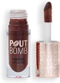 Revolution, Pout Bomb Shimmer Lip Gloss, Buildable Sheer Color, High-Shine with Hyaluronic Acid & Sweet Vanilla Scent, Vegan & Cruelty-Free, Chocolate Sparkle, 0.15 oz