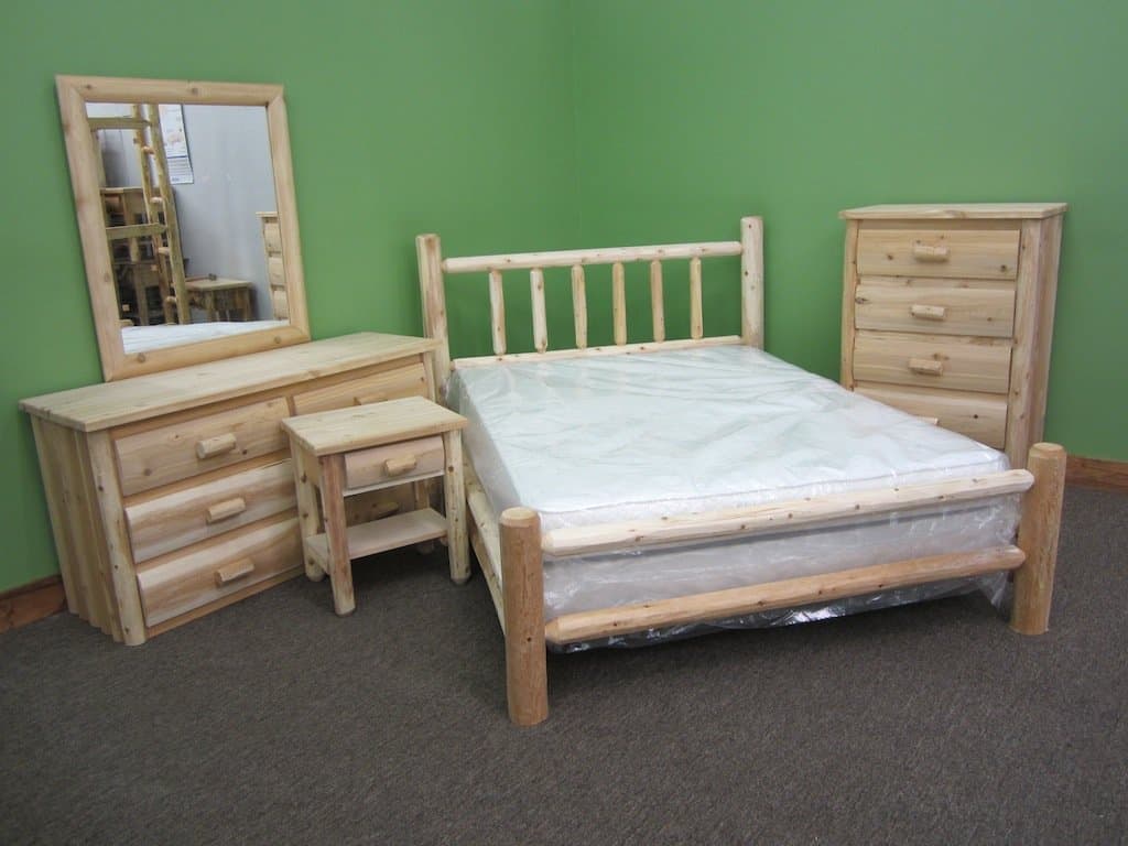 Log Bedroom Set - 5 Piece - Unfinished/Solid White Cedar/Amish Made/Queen Bed