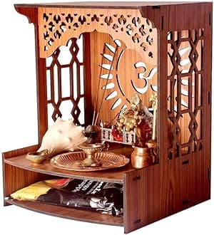 ZUPER Wood Fully Handmade Om Carved Pattern with LED Spot Light Home Temple I Temple for Office I Dev Ghar I Hanging Stand for Puja (Brown-5) (Pack of 1)