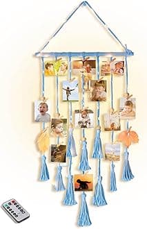 HomecorHanging Photo Display Wall Decor, Blue Macrame Hanging Boho Room Bedroom Decor, Picture Frame Collage with Light & 30 Clips, Christmas Teenage Teen Girl Gifts Ages 10 11 12 13 14 Years Old