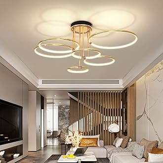 LED Ceiling Light Creative Gold Ringshape Design Living Room Ceiling Lamp Dimmable with Remote Control Bedroom Lamp for Study Room, Living Room, Bedroom, Dining Room Lighting (6 Rings)