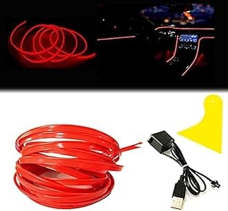 El Wire Red Interior Car LED Strip Lights, 2M Neon Wire USB 5V with Fuse Protection for Automotive Interior Decoration, with 6mm Sewing Edge