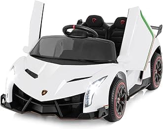 OLAKIDS Kids Ride On Car, 12V 4WD Licensed Lamborghini Veneno Electric Vehicle with Remote Control, Toddlers Battery Powered Toy Gift with 2 Speeds, Rocking Mode, Music, USB, MP3 (White)