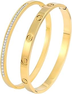 Gold Bangle Bracelets for Women - 2PCS 18 K Gold Plated Stainless Steel Love Bangle Friendship Stack Bracelet Bangle for Her.