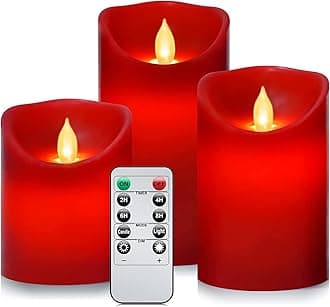 Flameless Battery Operated Flickering Candles:3PACK Red Real Wax Pillar Candle,Electric LED Candle with 10-Key Remote Control and 24 Hours Timer for Home Decoration Holiday Party
