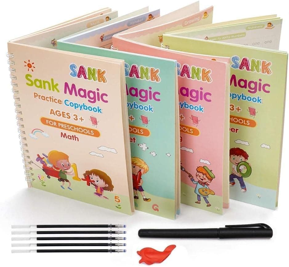 Magic Book for Kids, Sank Magic Practice Copybook, (4 Book+10 Refill+1 Pen+1 Grip) Number Tracing Book for Pre-Schoolers with Pen, Magic Calligraphy Copybook Set Writing Tool for Kids(F)