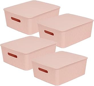 Storage Baskets with Lids - Set of 4 Stackable Plastic Boxes with Handles - Decorative Shelf Organizer Bins for Bathroom and Closet, Pink, 3.1 Gallon