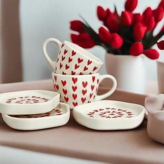 Ceramic Love Latte Coffee Mug & Dessert Plate Set | Red Heart | Set of 6 Cups & 6 Plates, 300 ML | Best for Gifting, Gift for Girlfriend, Diwali Gifts