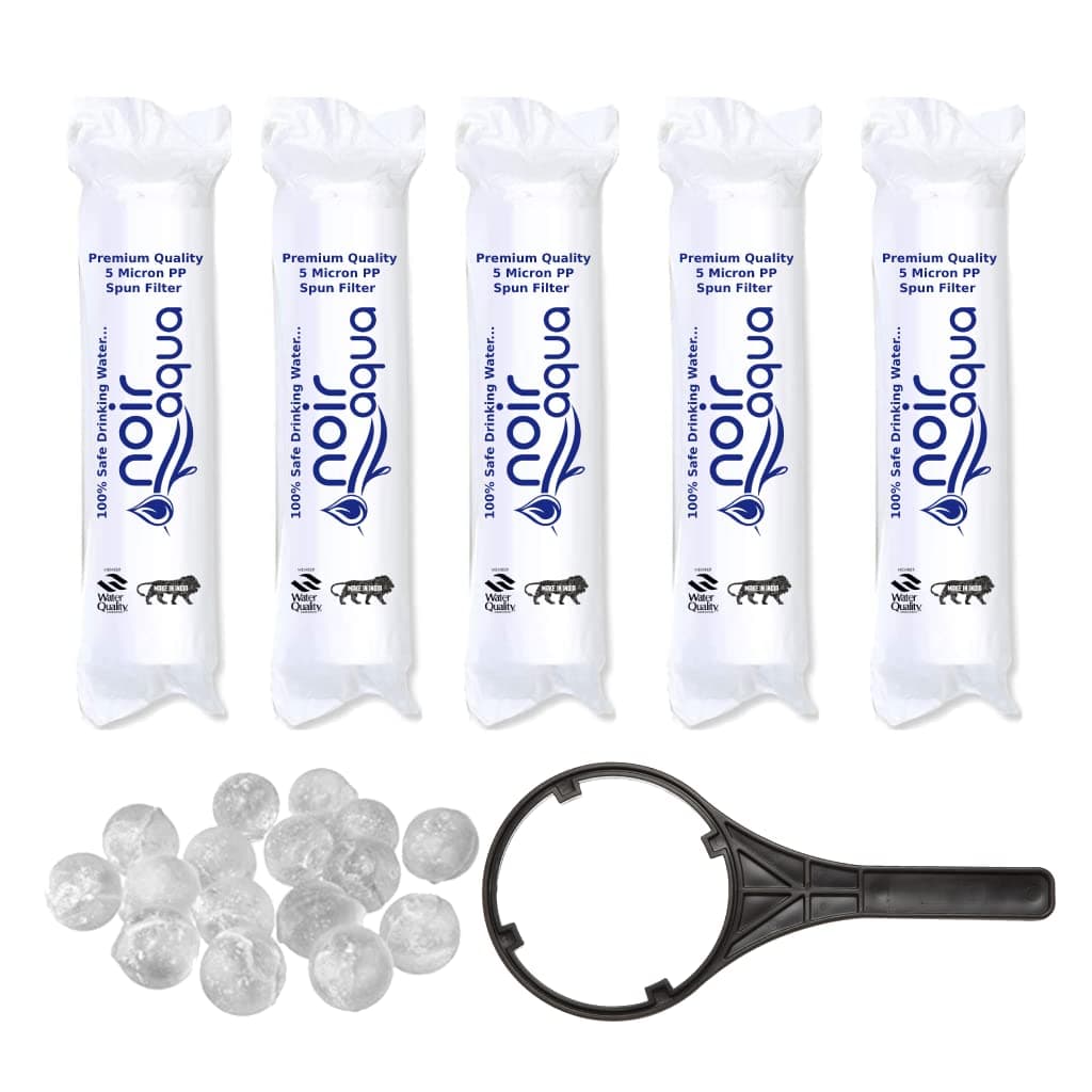 - Noir Aqua 5 PP Spun Filter + 1 Free Spanner + 5 Antiscalent Balls | for All Type of RO Water purifiers - RO Spun Filter Cartridge Sponge Replacement Water Filter Candle