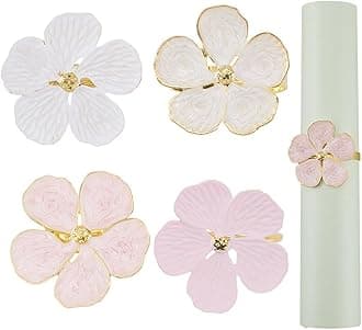 GORGECRAFT 4Pcs 4 Styles Flower Napkin Ring Pink White Metal Gold Alloy Enamel Spring Farmhouse Floral Table Decoration Napkins Rings for Easter Wedding Banquet Celebration Party Dinner