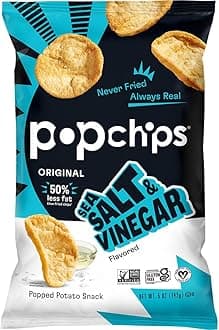 - Popchips Potato Chips, Sea Salt & Vinegar, 4ct 5.0oz Share Bags, Low-Calorie, Gluten Free, Salty Snacks for Adults and Children, Non-GMO, Vegan & Kosher Friendly, 130 Calories Per Serving