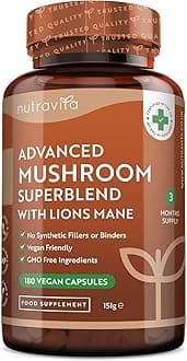 High Potency Mushroom Complex 14400mg Superblend with Lions Mane - 6 Mushroom Complex with Chaga, Cordyceps, Shiitake, Reishi, Maitake and Lions Mane - 180 Vegan Capsules - Made in The UK