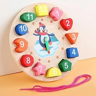 SHINETOY ENTERTAIN KIDS Wooden Shape Color Sorting Clock Teaching Time Number Blocks Clock Shape Patterns Sorting Puzzle Montessori Early Learning Educational Toy Gift for Toddler Baby Kids 3+