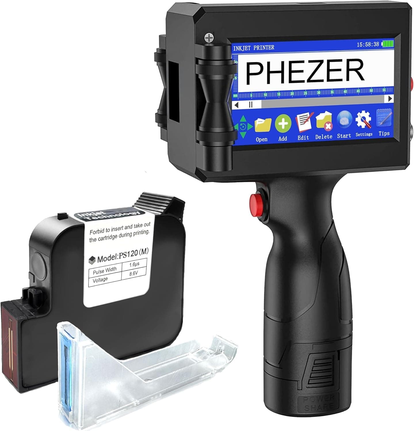 Phezer 1inch/25.4mm Handheld Inkjet Printer for Flat Surface P15-1 Model for QRCode Barcode Production Date Time Logo Batch Number Print On Glass Bag Carton Box Wood Cloth Plastic Cable (25 Languages)